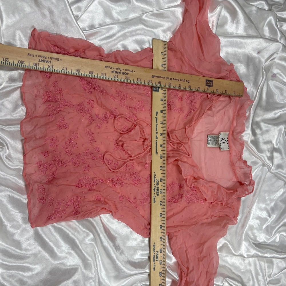 y2k Blouse Pink Excellent Silk Beaded Embroidered Ruffle Bell Sleeve Top - Picture 7 of 7
